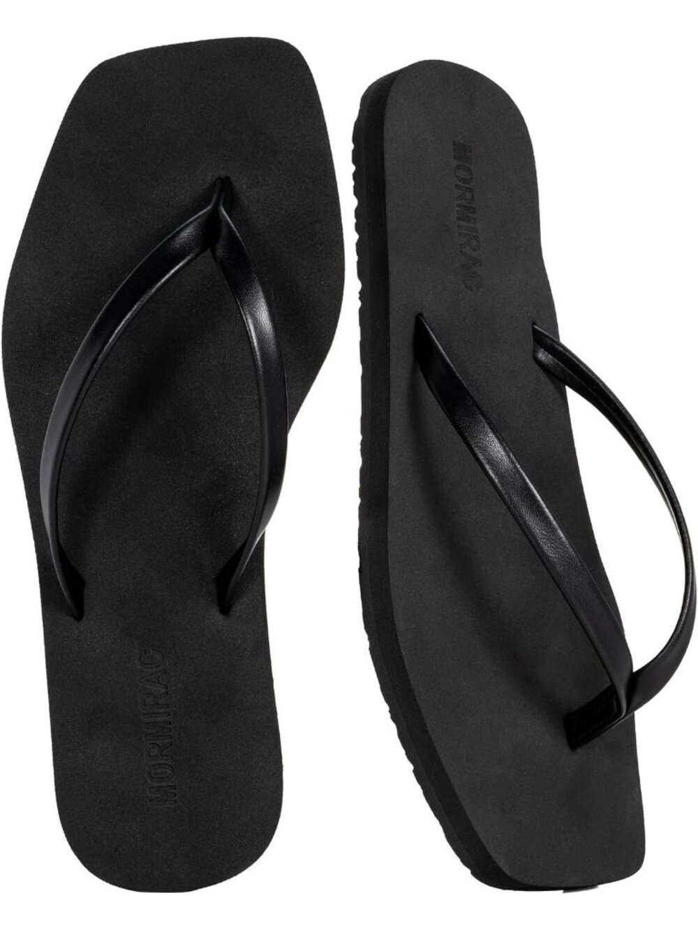 Women's Black Faux Leather Summer Comfortable Flip Flops Square Toe Flat Sandals